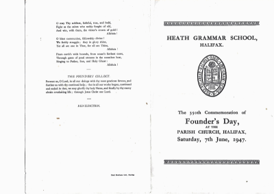 View of the outside of the order of service with the Founder’s collect on the left hand side