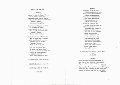 View of the inside of the order of service with the words to the hymns