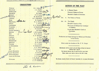 View of the inside of the order of programme with autographs of the cast alongside the cast list on the left and the acts on the right