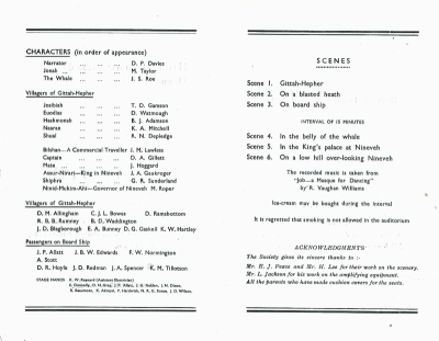 View of the inside of the order of programme with the cast list on the left and the acts on the right