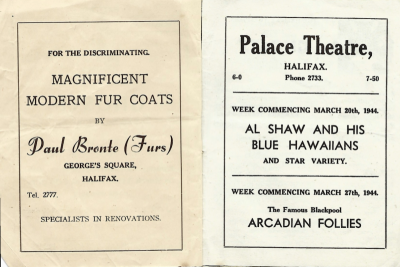 Adverts for Paul Bronte (Furs) and the Palace Theatre