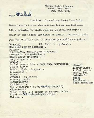 First page of a quarto letter suggesting what they should pack