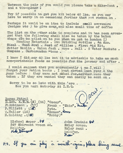 Second page of a quarto letter with further suggestions and a list of the members of the patrol