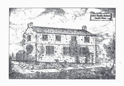 Etching of a two storey rectangular stone building apparently surrounded by grass and a path with the apple and pear window at ground floor level in the end of the building