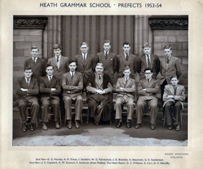 Back row: K.G. Hartley, A.M. Dixon, J. Stoddart, W.G. Normanton, J.G. Blackeby, K. Beaumont, G.R. Sunderland; front row: I.C. Copeland, K.W. Reynard, P. Anderton (Head Prefect), W.R. Swale (Headmaster), D.V. Williams, G. Carr, D.O. Biltcliffe