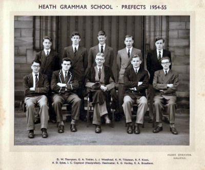 Back row: D.W. Thompson, G.A. Tinkler, L.J. Woodhead, K.M. Tillotson, R.F. Knott; front row: A.D. Sykes, I.C. Copeland (Head Prefect), W.R. Swale (Headmaster), K.G. Hartley, R.A. Broadbent