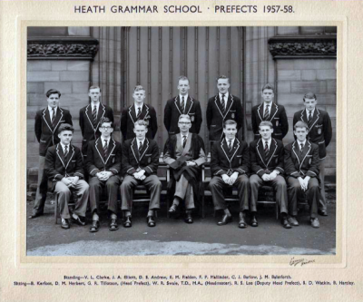 Back row: V.L. Clarke, J.A. Elliott, D.S. Andrew, E.M.Fielden, F.P. Mallinder, C.J. Barlow, J.M. Bamforth; front row: B. Kerfoot, D.M. Herbert, G.R. Tillotson (Head Prefect), W.R. Swale (Headmaster), R.S. Lee (Deputy Head Prefect), S.D. Watkin, B. Hartley