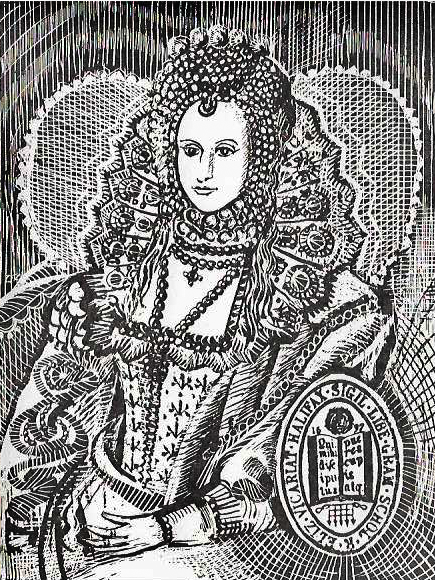 Engraving of Elizabeth I with the school seal