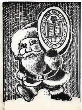 Father Christmas holding up the school seal