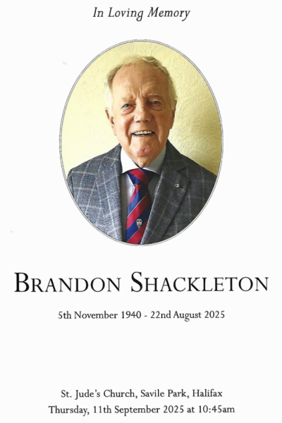 Front page of order of service for funeral of Brandon Shackleton