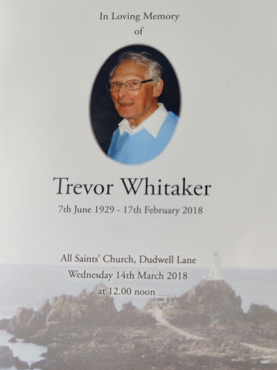 Front page of order of service for funeral of Trevor Whitaker