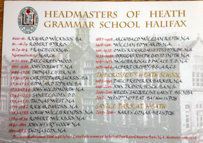 List of headmasters of Heath Grammar School, of Crossley Heath School and of Savile Park at Heath to 2017
