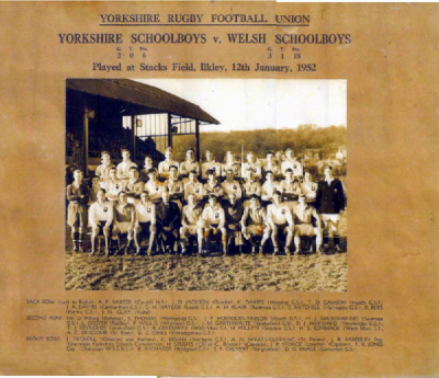Formal photograph showing the thirty players from the Yorkshire Schoolboys and Welsh Schooboys along with officials in three rows, one seated and two standing