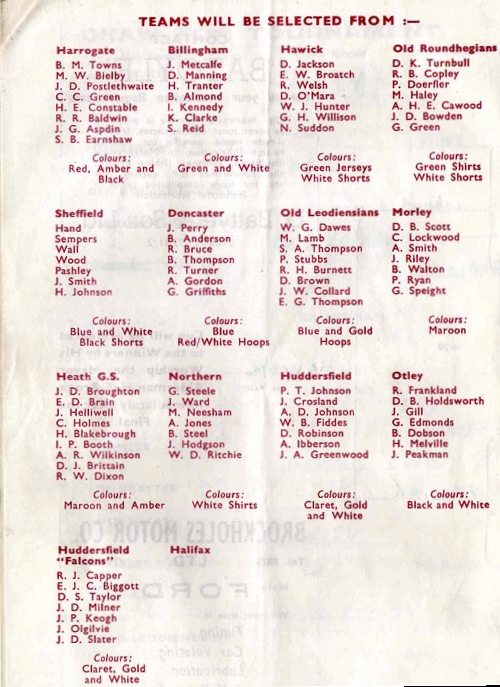 Page listing the teams in the 1962 Huddersfield RUFC Seven-a-side competition