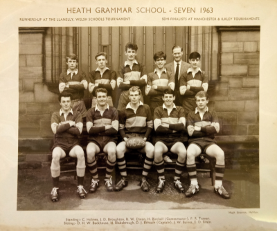 Formal photograph showing five players standing behind five seated players with Mr Birchall between the two standing players on the right of the back row