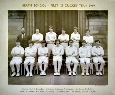 Formal photograph showing twelve players, five standing and seven sitting, with Mr A.K. Barrett standing to the left of the back row