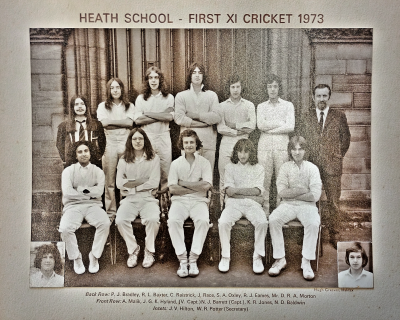 Formal photograph showing six players with Mr Morton on their right standing behind five seated players with insets of two more players on the left and the right