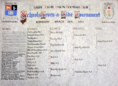 Chart showing that Heath beat Richmond School 18–NIL, Prince Henry’s Grammar School 21–NIL, Leeds Grammar School 8–NIL, Archbishop Holgate‘s Grammar School 8–6 and Queen Elizabeth Grammar School in the final (score missing)